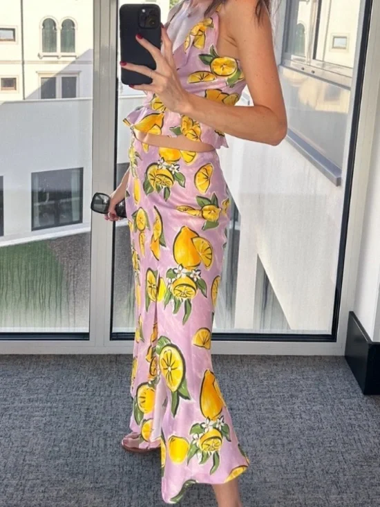 ZARA Lemon Print Satin Midi Skirt - Picture 5 of 14